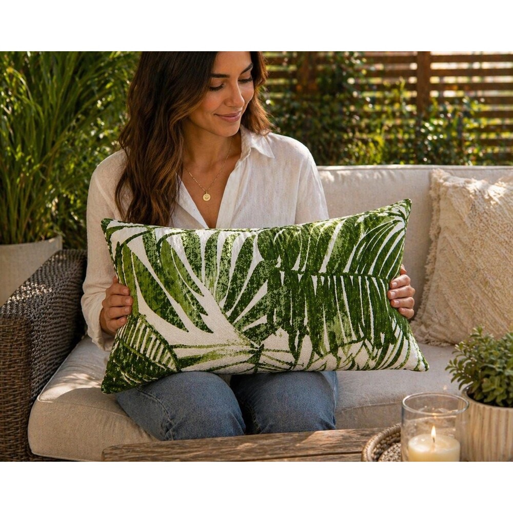 Pottery Barn Sunbrella Lumbar Pillow Green Tropical Leaf Outdoor Cushion 12x24 P